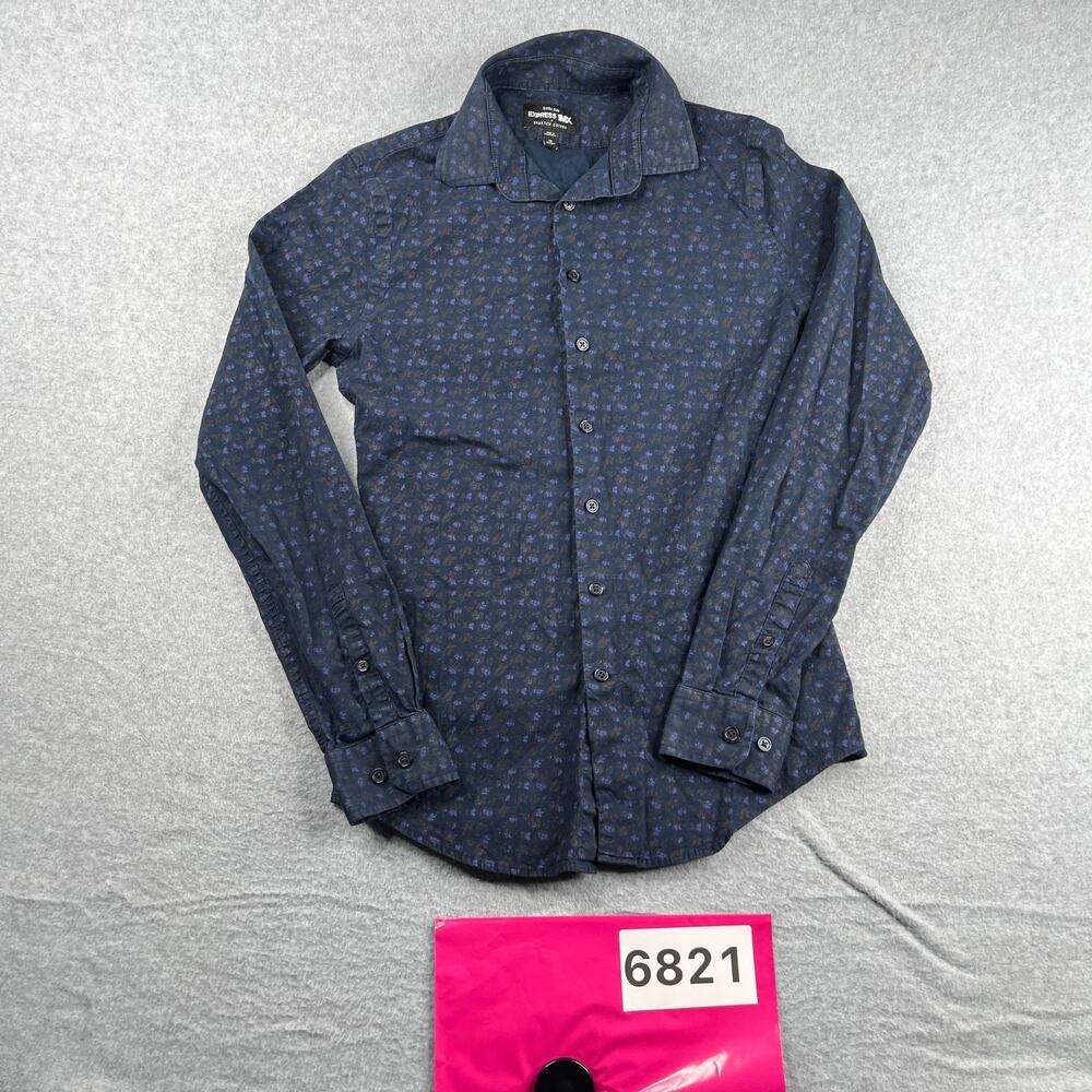 Express 1MX Extra Slim Shirt Navy Blue Floral Casual Button Up Long Sleeve XS